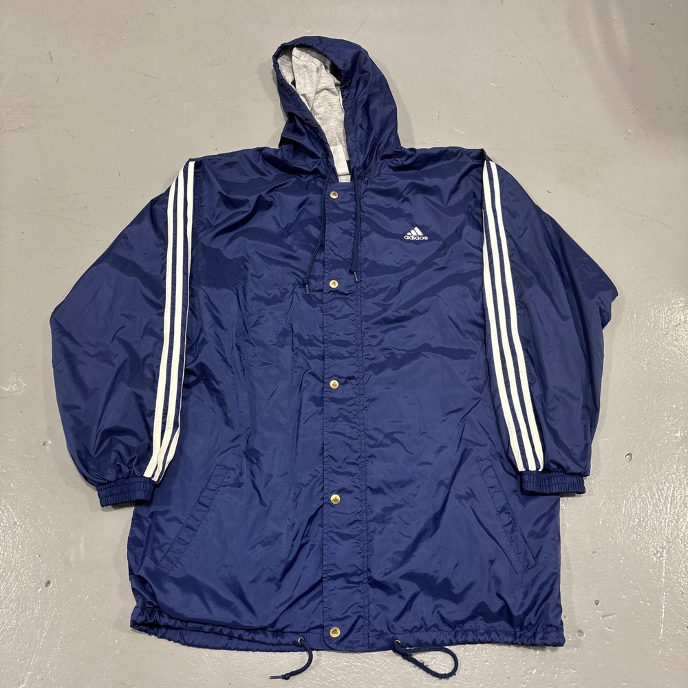 Vintage Adidas Team Navy Blue Windbreaker Hooded Jacket 3 Stripe Mens Large